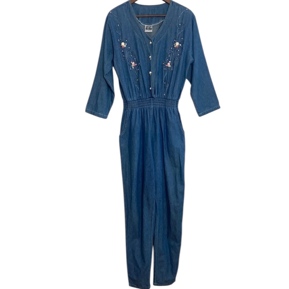 Vintage Jumpsuit Womens Medium Blue Chambray Denim Floral Embroidery 90s Mom